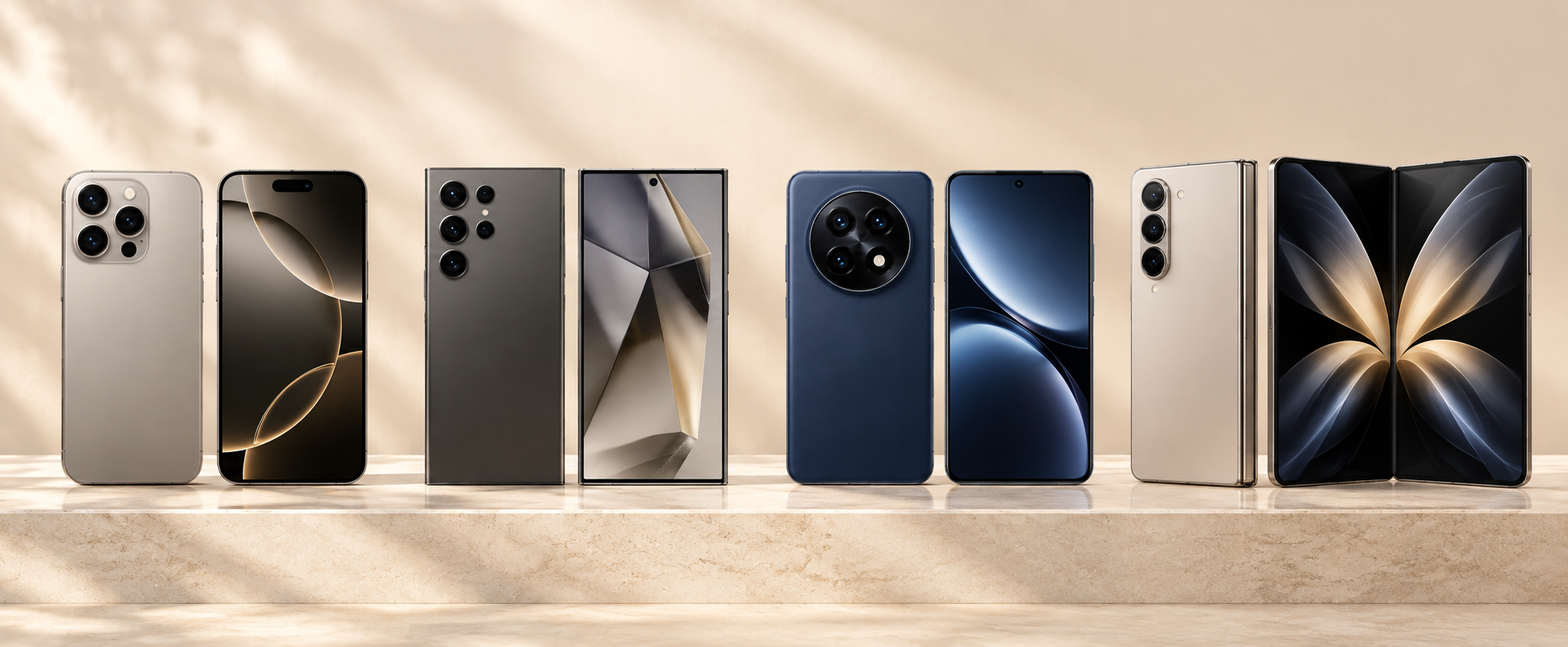 A wide display of premium smartphones showing complete front, back and foldable views