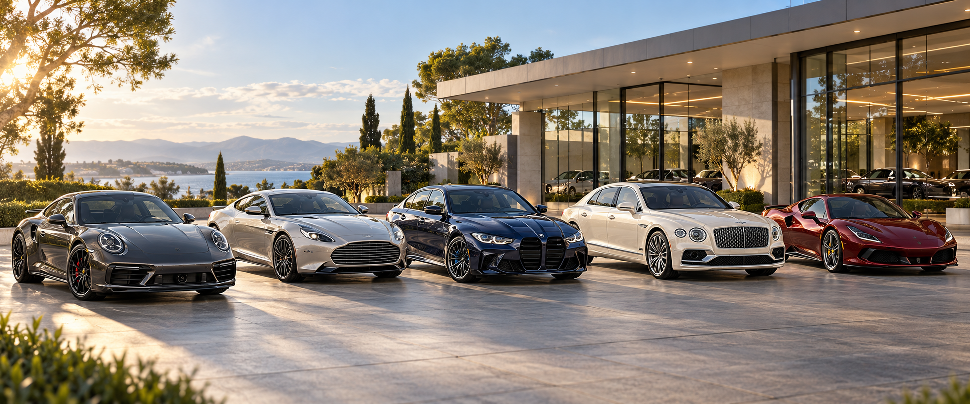 A full lineup of different luxury cars outside a premium showroom